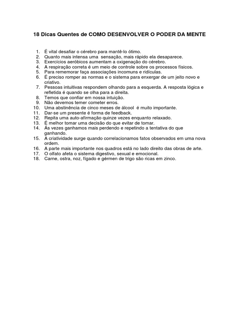 18 Dicas de Como Desenvolver o Poder Da Mente | PDF