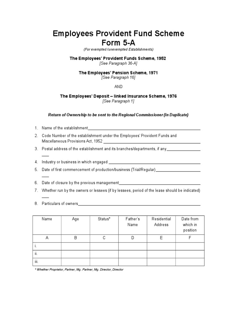 Form 5A Return of Ownership To Be Sent To The Regional Commissioner PF ...