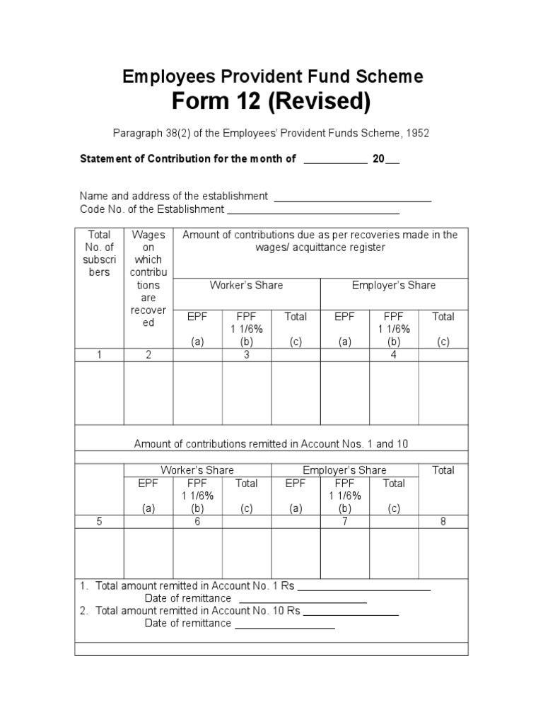 Form 12 A Statement of Contribution For Unexmpted Establishments PF ...