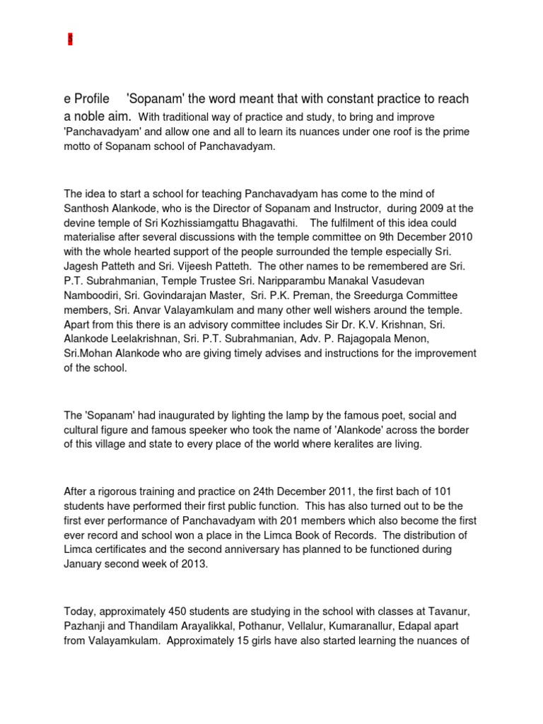 Sopanam School of Panchavadyam | PDF | Kerala | Musical Instruments, image size:768x1024