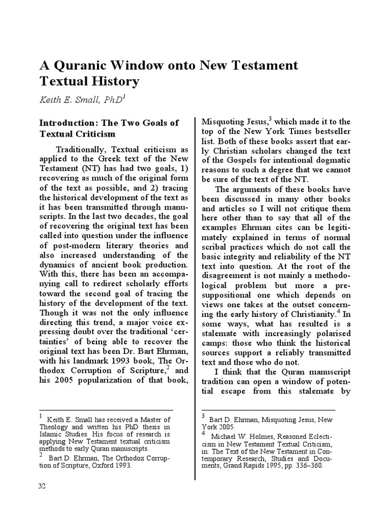 Keith Small Quranic Window New Testament Textual History | PDF | Quran ...