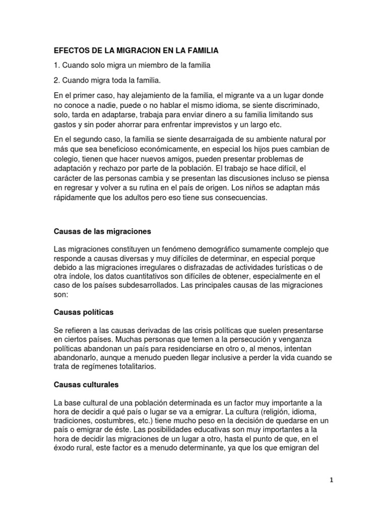 Efectos de La Migracion en La Familia | PDF | Migración humana | Migración