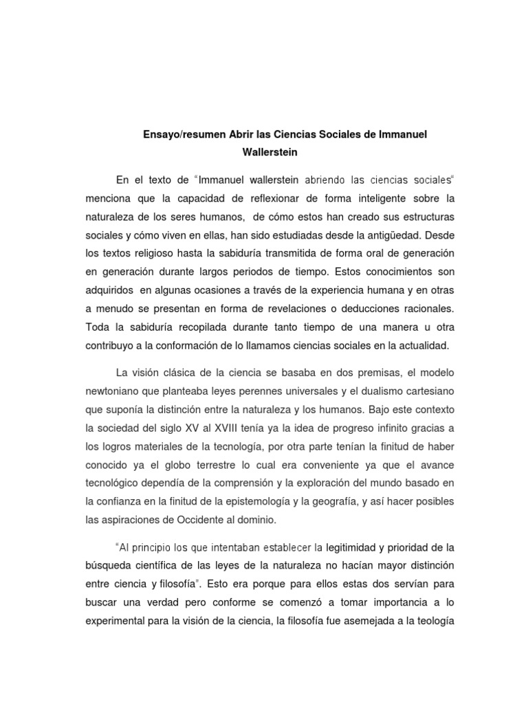 Resumen Abrir Las Ciencias Sociales de Immanuel