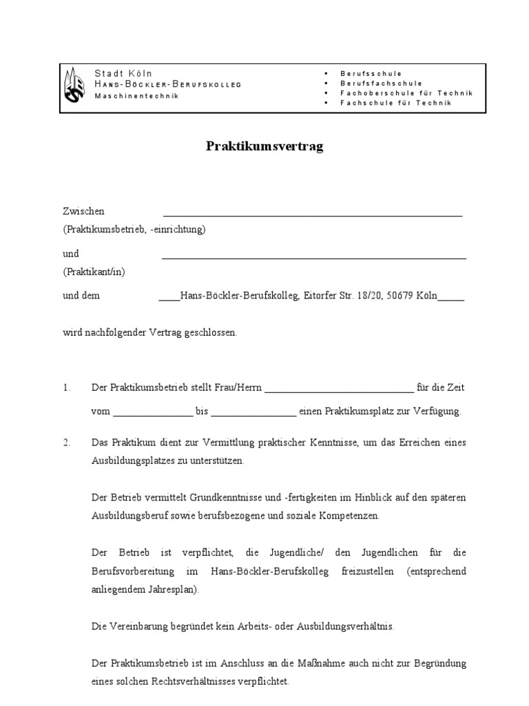 Praktikumsvertrag Vorlage