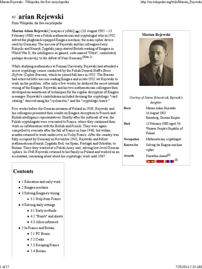 Marian Rejewski Wikipedia The Free Encyclopedia Online Safety
