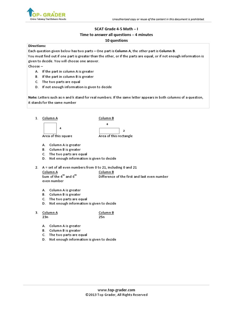 Directions SCAT Grade 45 Math I Time To Answer All Questions 4 Minutes 10 Questions PDF