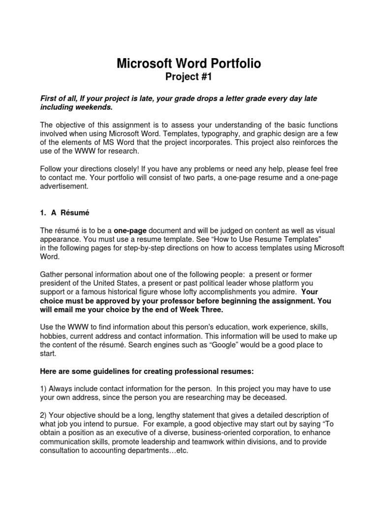 Word Portfolio Guidelines and Sample Projects PDF Résumé Microsoft Word