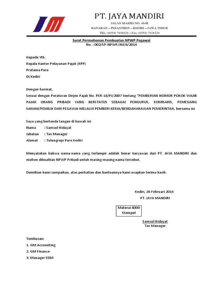 Surat Permohonan Pembuatan NPWP Karyawan.pdf