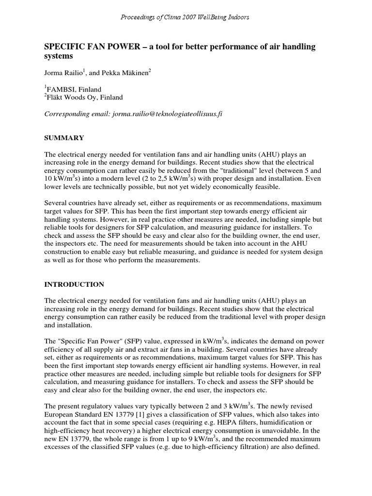 Despre SFP (Specific Fan Power) PDF Electric Power Ventilation