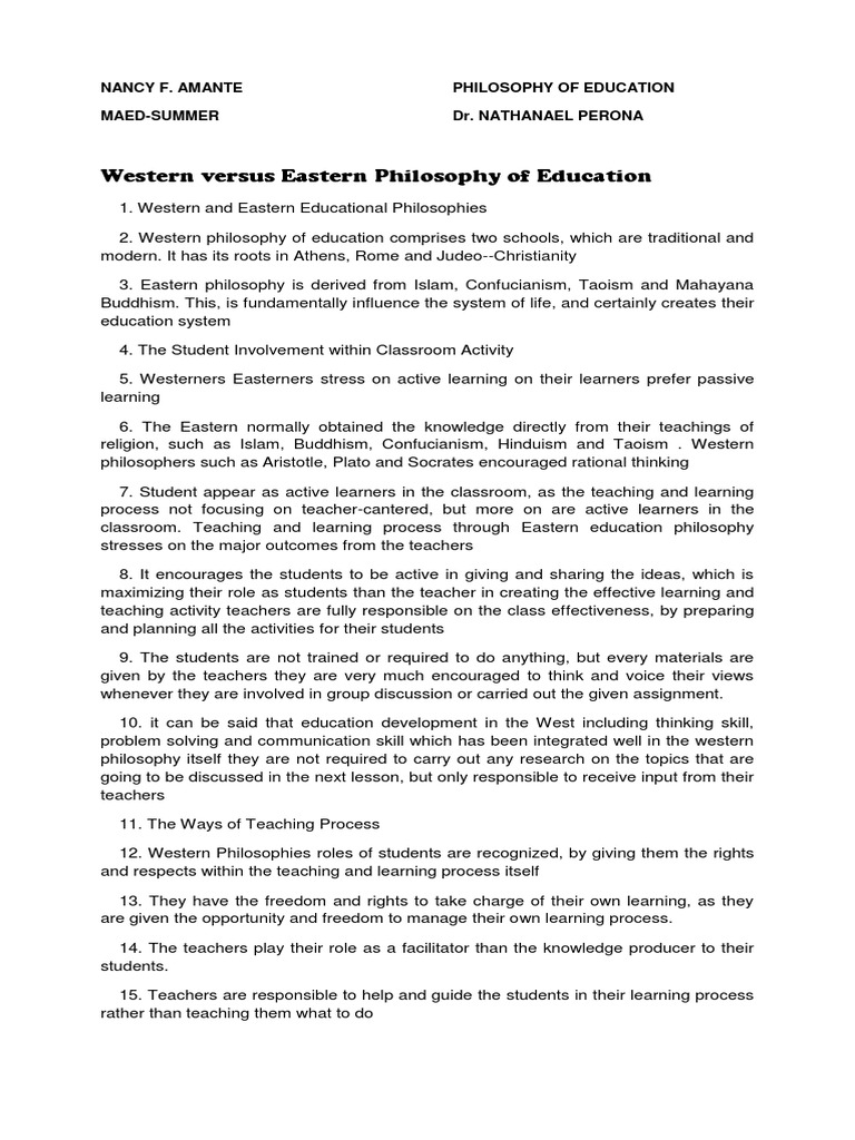 Western Versus Eastern Philosophy Of Education Pdf Philosophy Of
