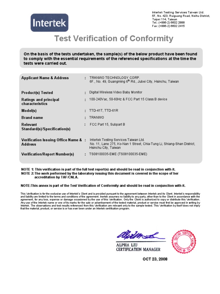 Intertek Compliance Verification for Baby Monitor | PDF | Technology ...