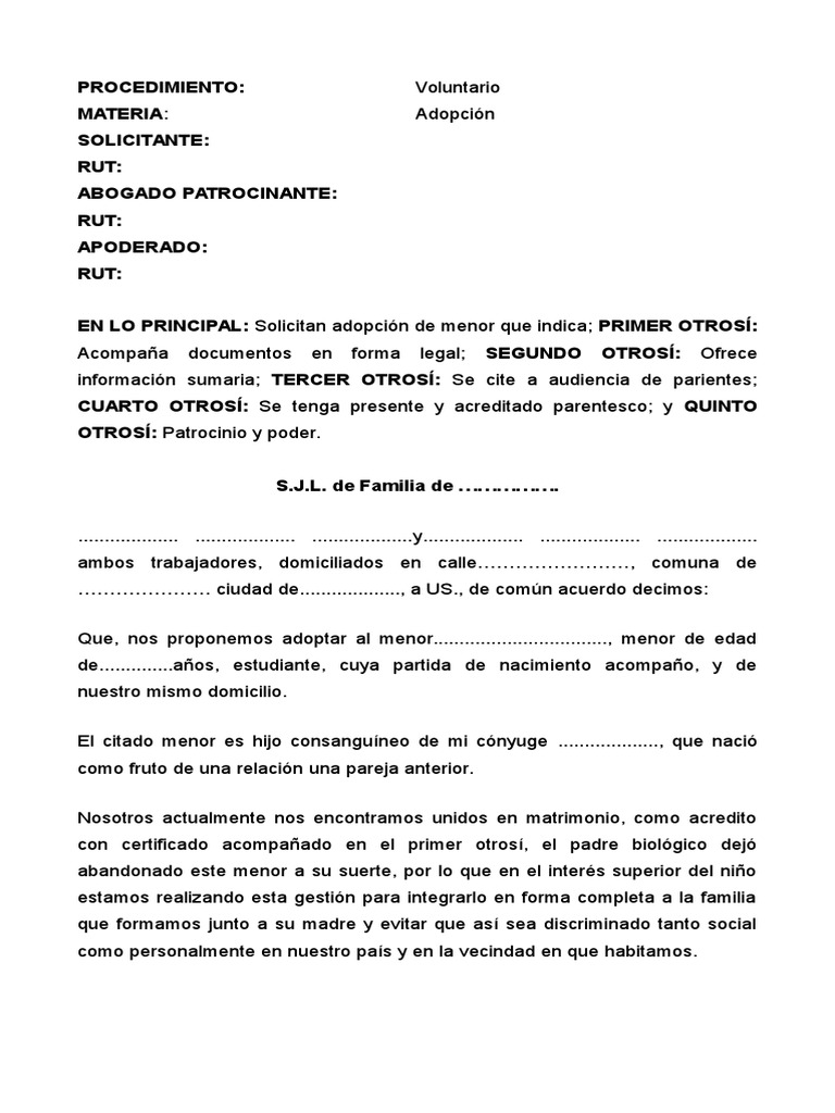 ADOPCION. SOLICITUD Adopción Instituciones sociales