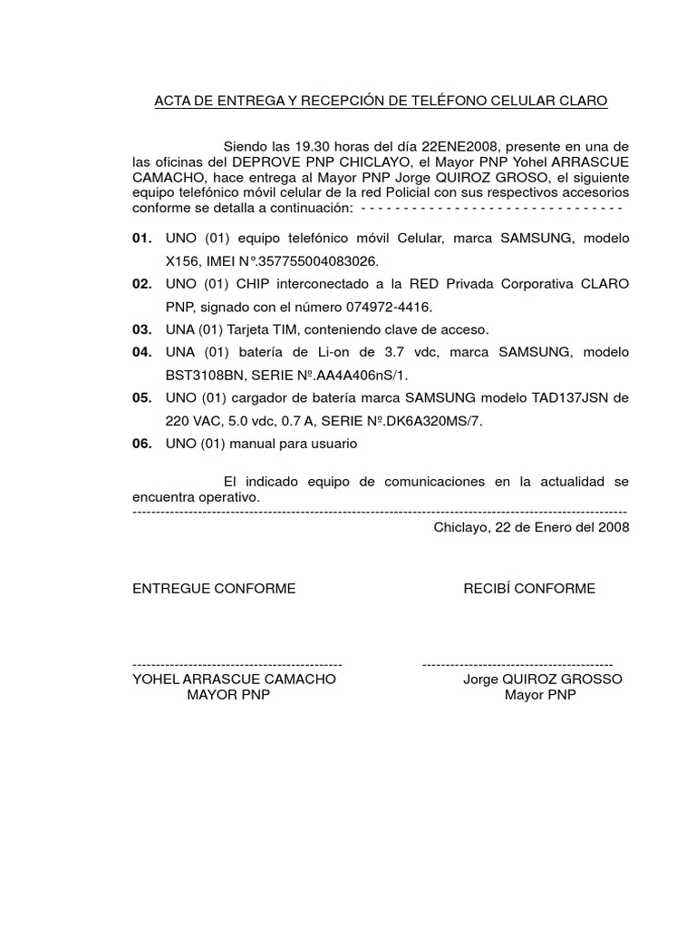 Acta de Entrega de Celular Claro  Telefonía móvil  Tecnología móvil