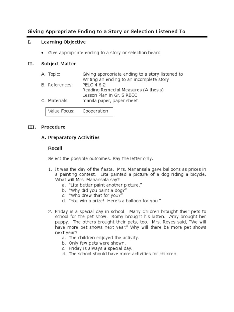 Grade 5 English Reading Giving Appropriate Ending To A Story or ...