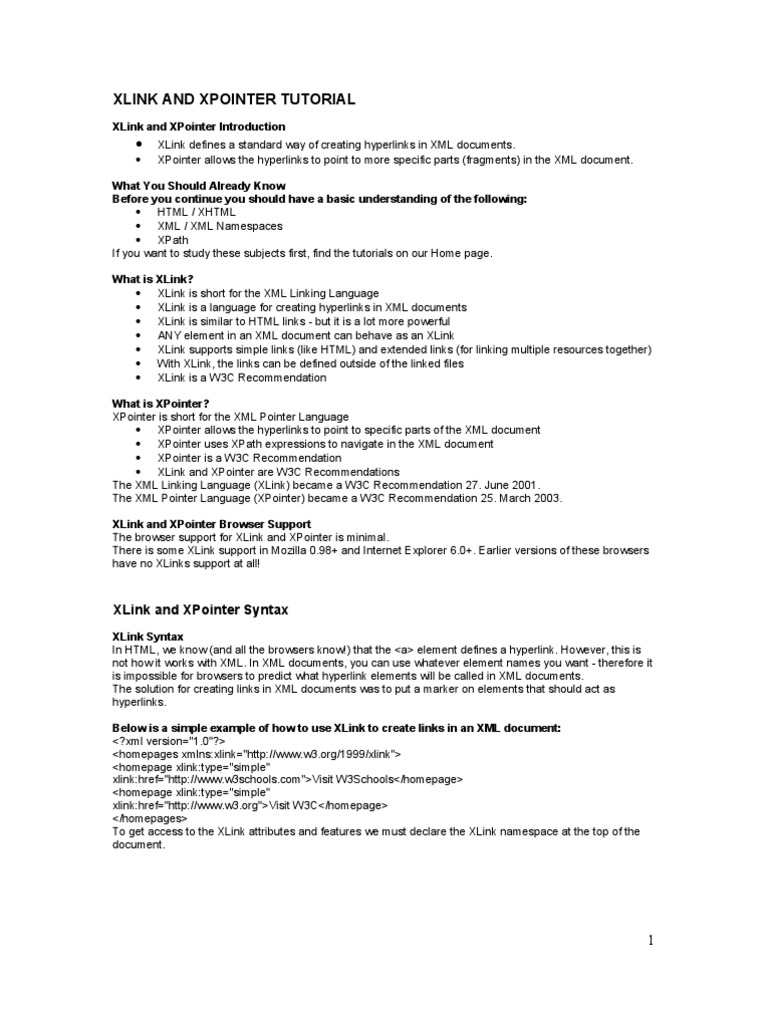 Xlink And Xpointer Tutorial Pdf Hyperlink Html