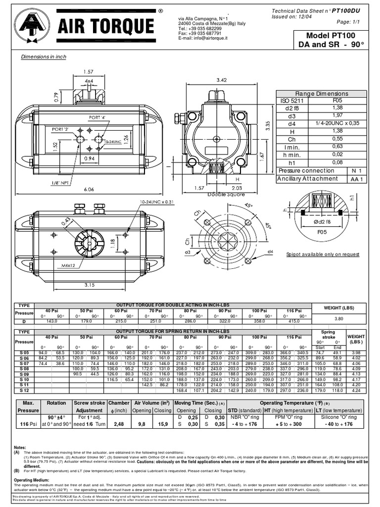 Pt100du Air Torque PDF Pounds Per Square Inch Actuator