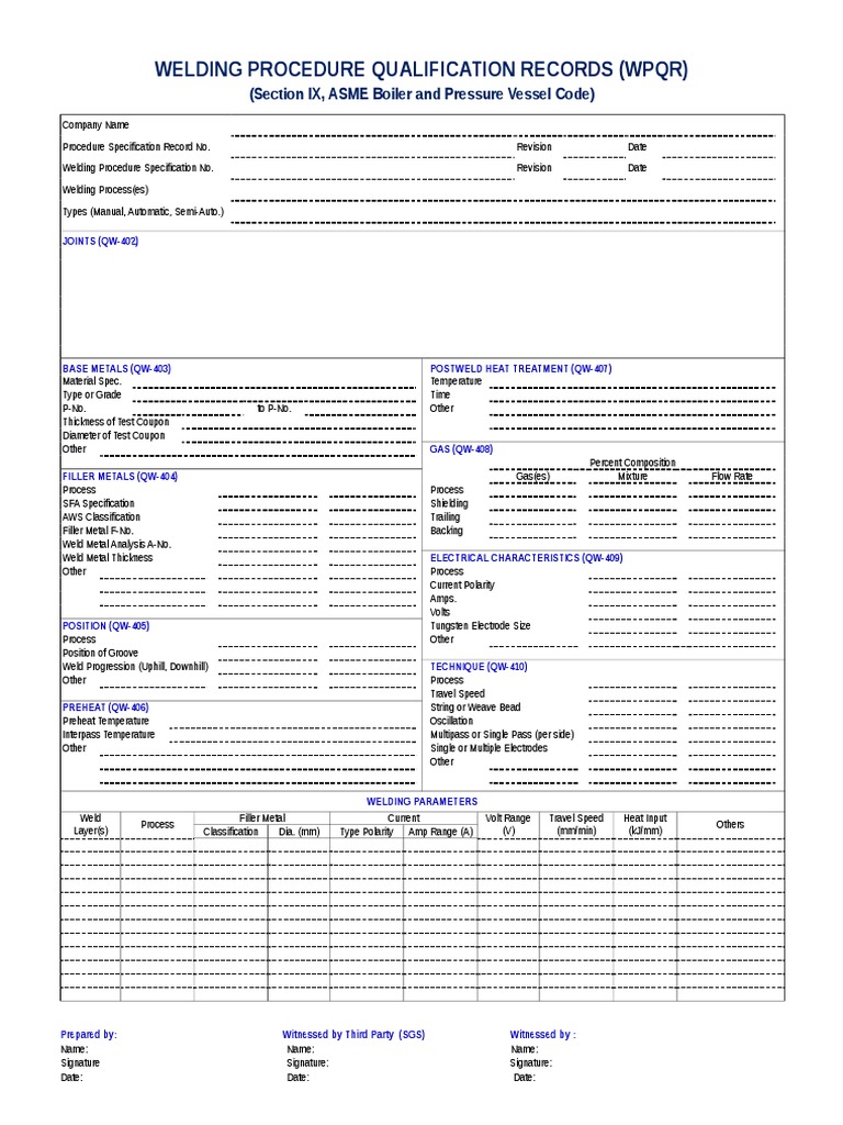 Welding Procedure Qualification Records (Wpqr) (Section IX, ASME