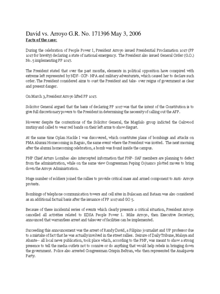 David vs arroyo digest pdf state of emergency martial law