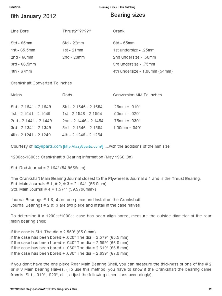 Engine Bearing Sizes VW Beetle Vehicle Parts Engine Technology