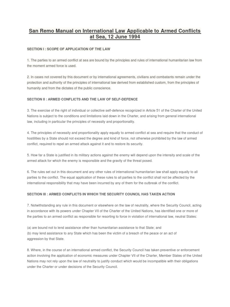 San Remo Manual On International Law Applicable To Armed - 