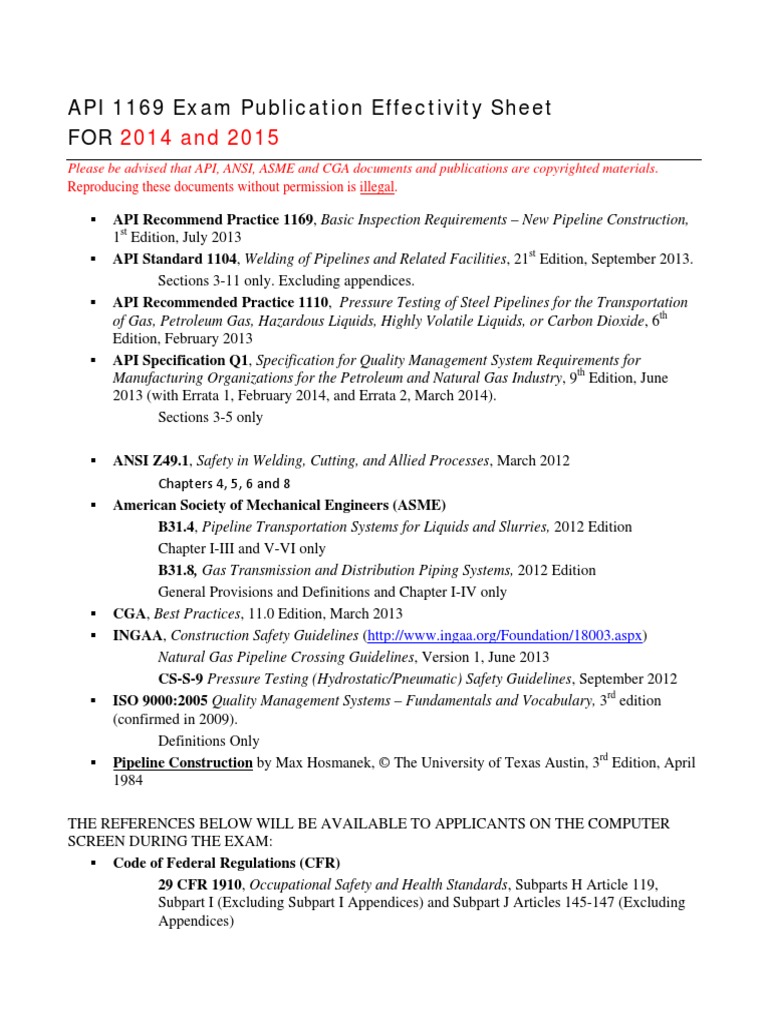API 1169 Effective Sheet Pipeline Transport United States