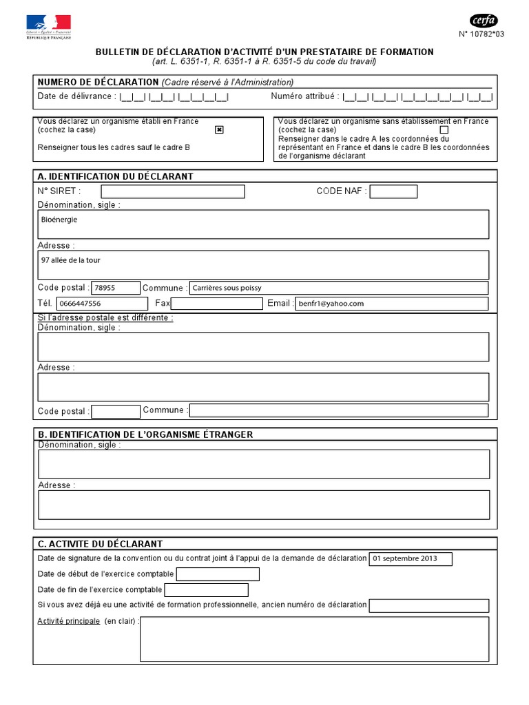 Cerfa 10782 03 Bulletin Declaration Prestataire Formation Travailleur Independant Business