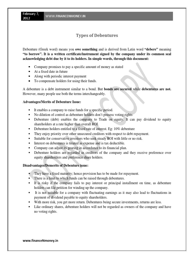 Types of Debentures PDF Debenture Bonds (Finance)