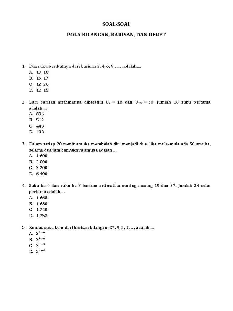 Soal Soal Pola Bilangan Barisan Dan Deret