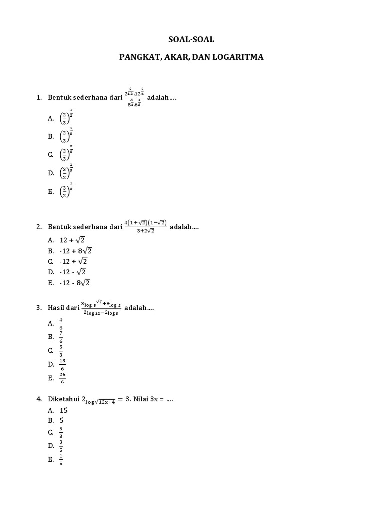 Soal Soal Pangkat Bentuk Akar Dan Logaritma
