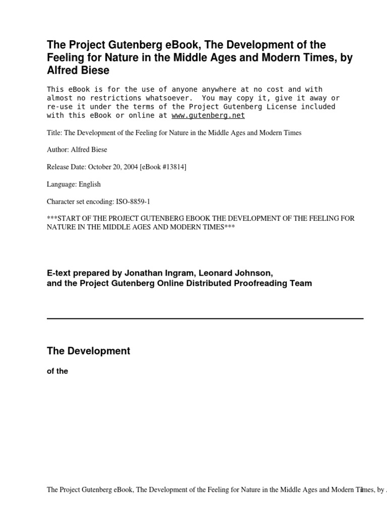 The Development Of The Feeling For Nature In The Middle Ages And Modern Times By Biese Alfred 1856 1930 Pdf Roman Empire Mind