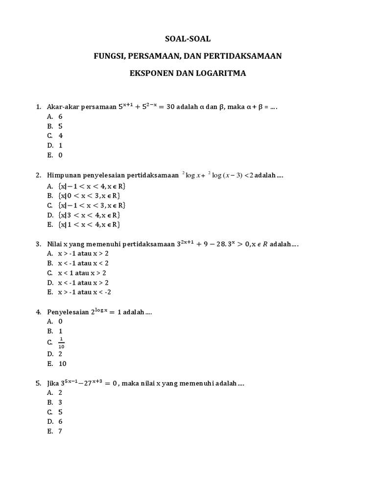 Soal Soal Fungsi Persamaan Dan Pertidaksamaan Eksponen Dan Logaritma Pdf