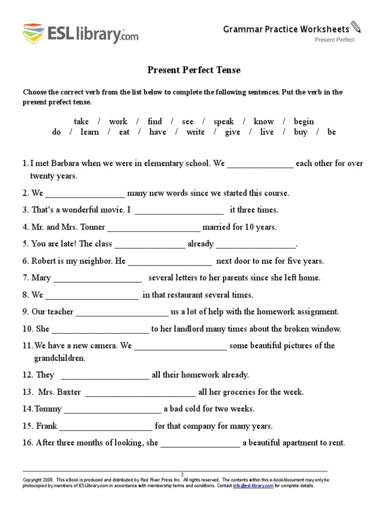 Present Perfect Assignment E Books