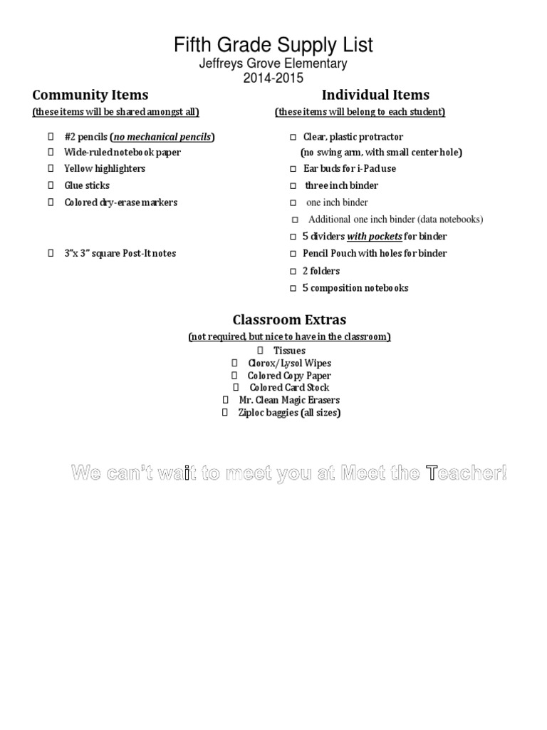 Fifth Grade Supply List 2014-2015 | PDF | Home & Garden