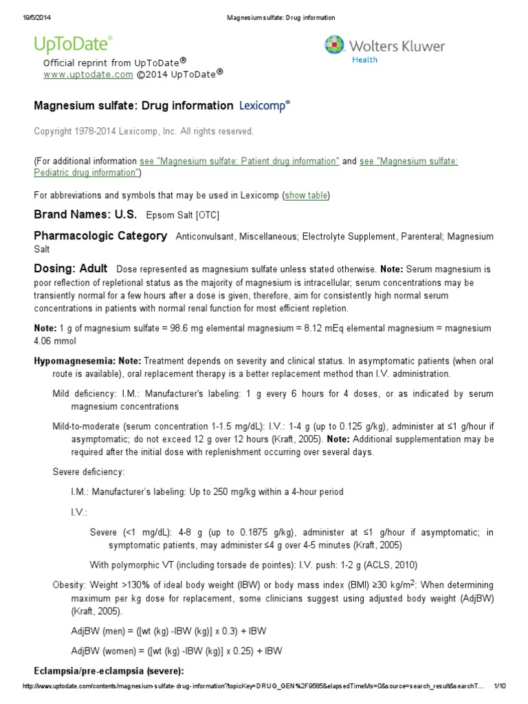 Magnesium Sulfate Drug Information PDF Magnesium Pregnancy