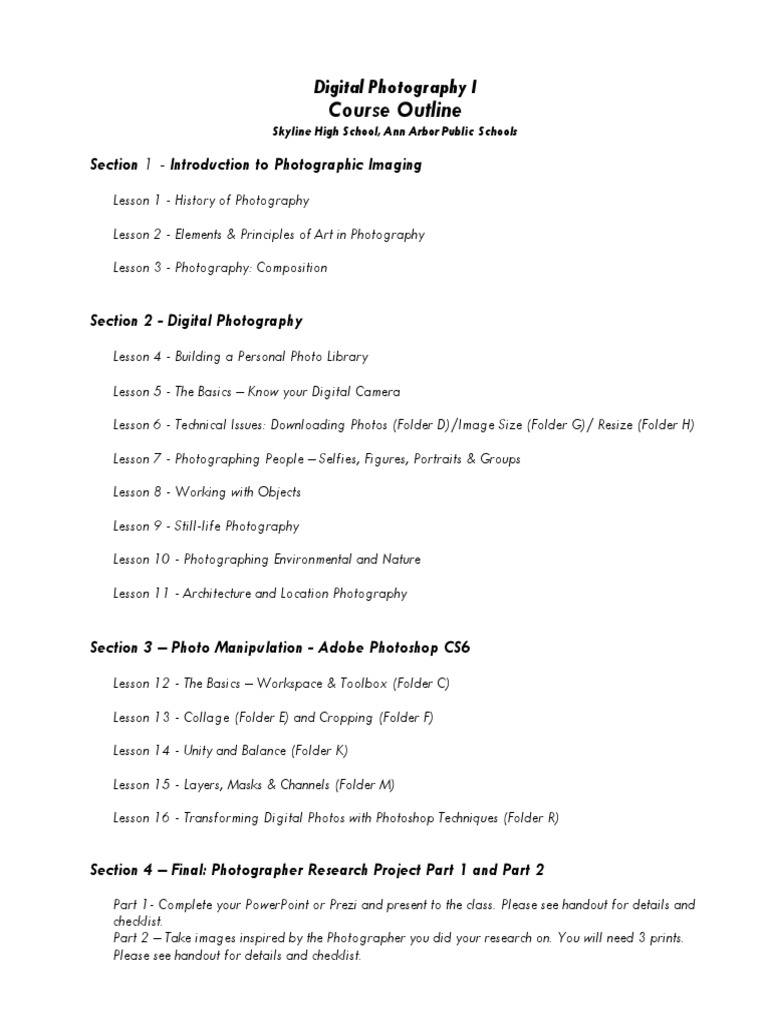 Digital Photography 1 Course Outline PDF