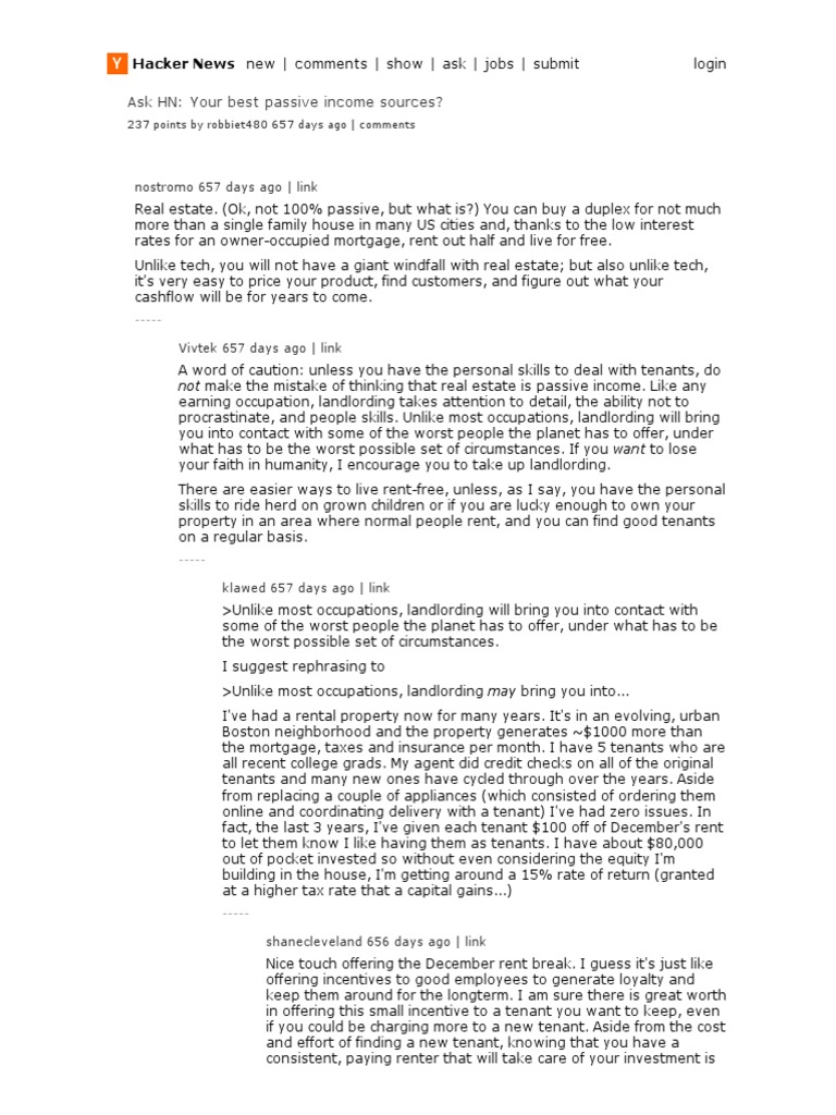 Ask HN - Your Best Passive Income Sources - Hacker News | PDF | 401(K) |  Investing