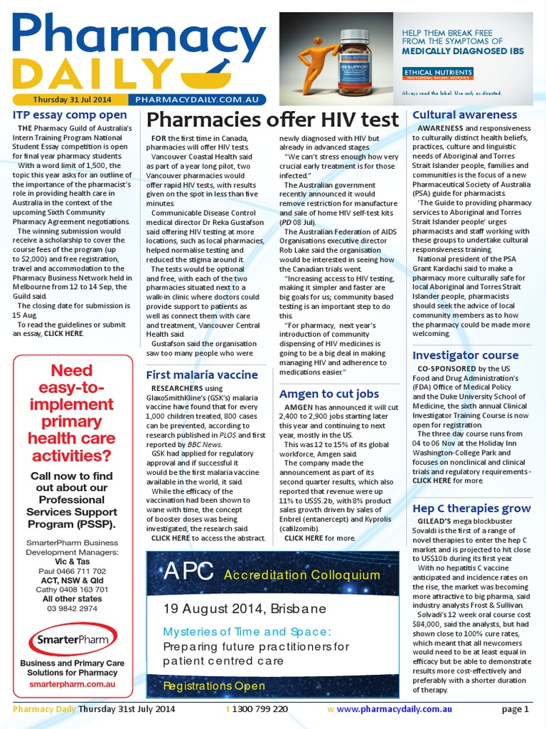 Pharmacy Daily For Thu 31 Jul 2014 Pharmacies Offer HIV Test, CoPay Affects Youths, Guild