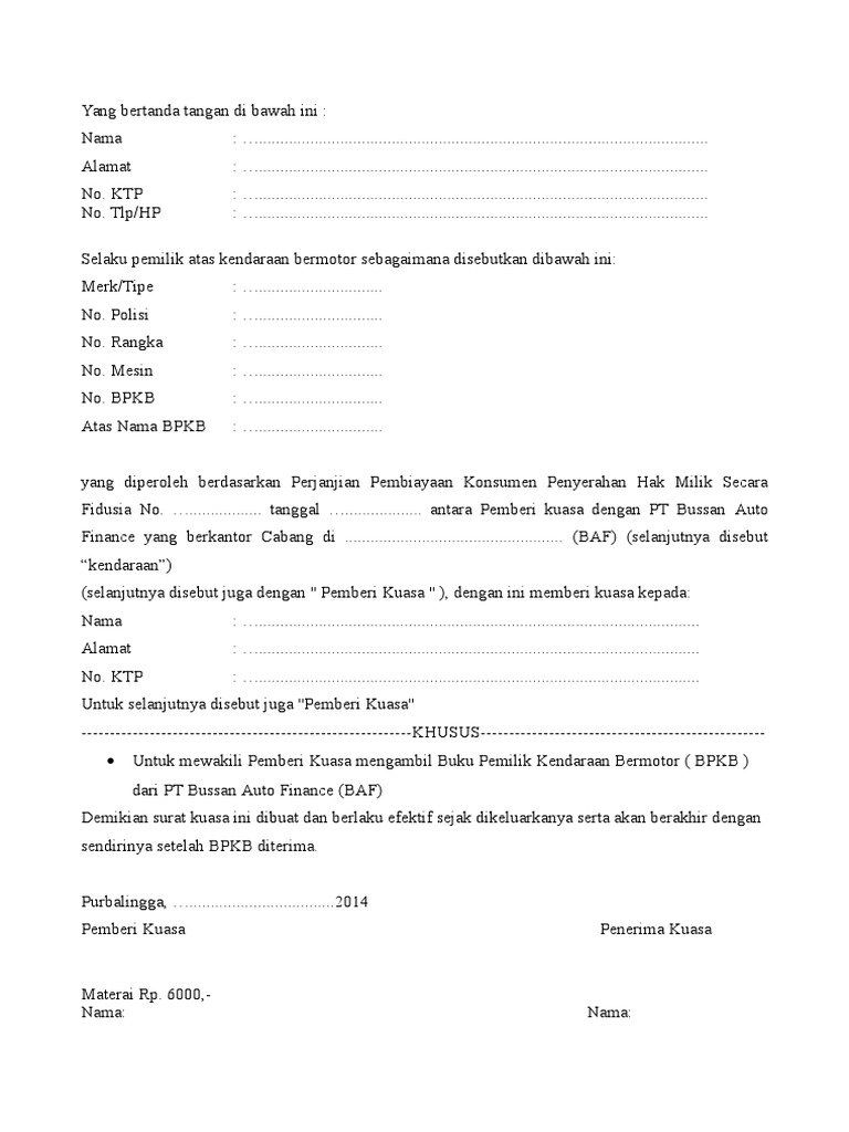 Download 85+ Contoh Surat Surat Kuasa Pengambilan Bpkb Terbaru Gratis