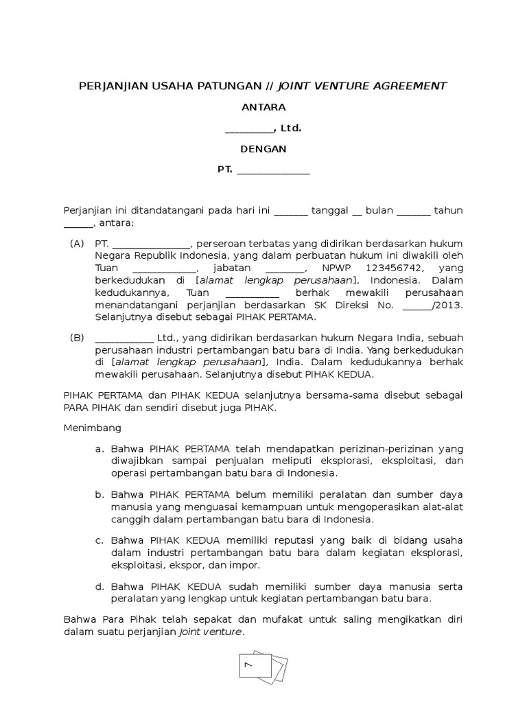 Draft Perjanjian Usaha Patungan Joint Venture Agreement Pdf