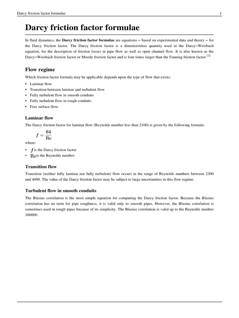 Darcy Friction Factor Formulae Plumbing Chemical Engineering