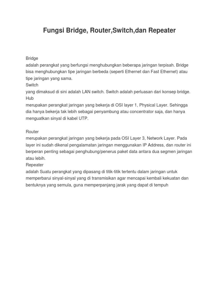 Fungsi Perangkat Jaringan: Bridge, Router, Switch | PDF