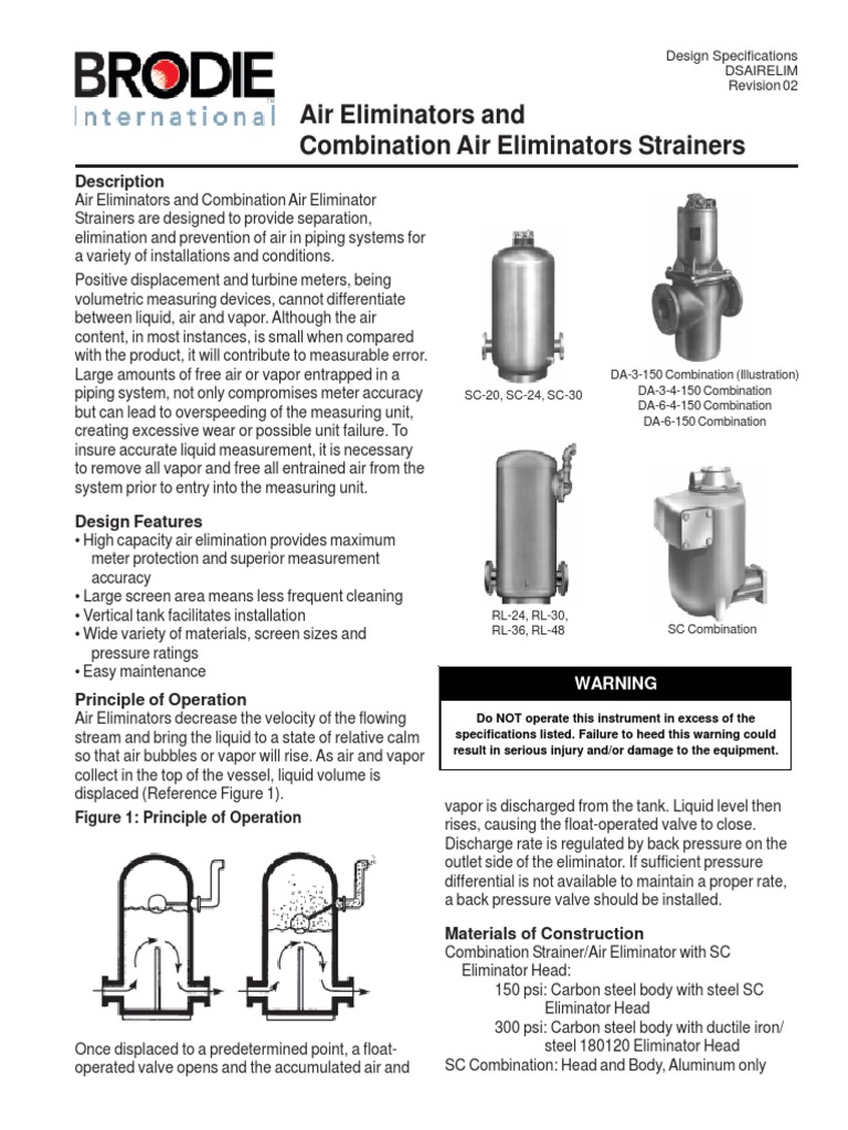 Air Eliminators and Combination Air Eliminators Strainers Description Liquids Atmosphere Of