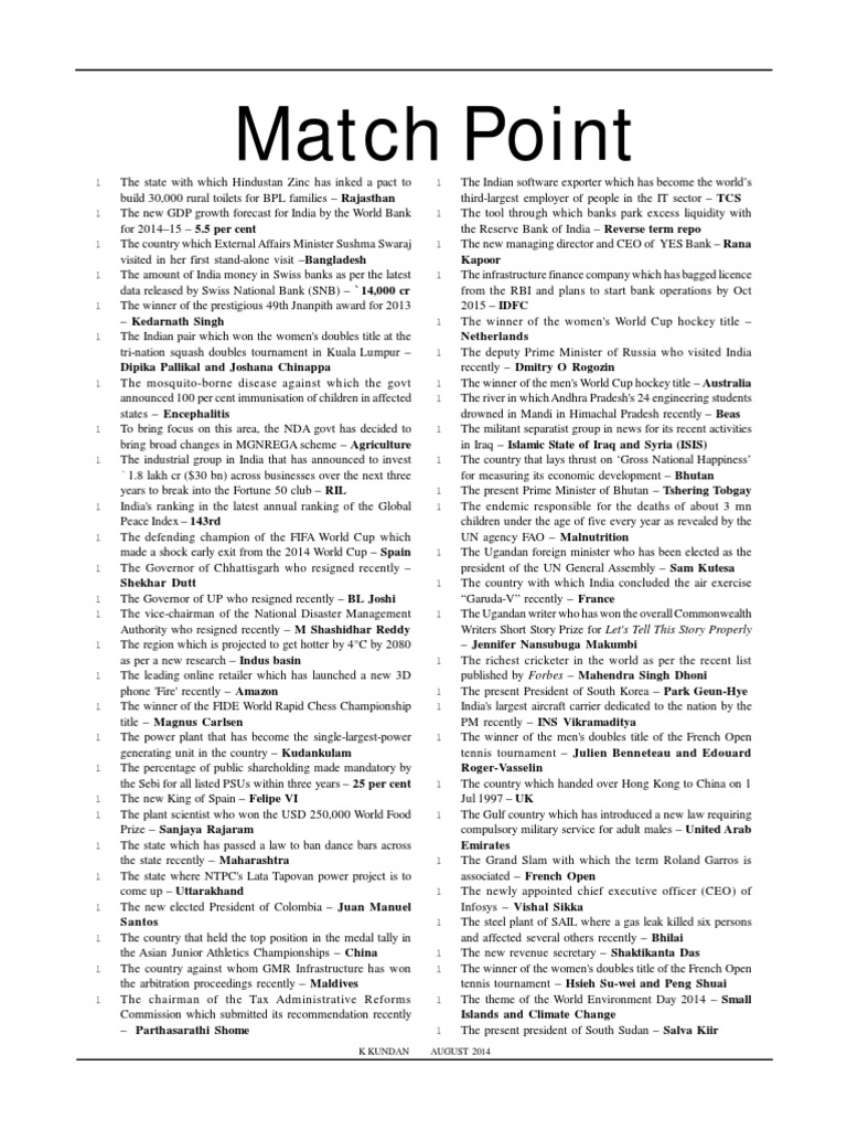 6.Bsc Match Point August | PDF | Reserve Bank Of India | Sports
