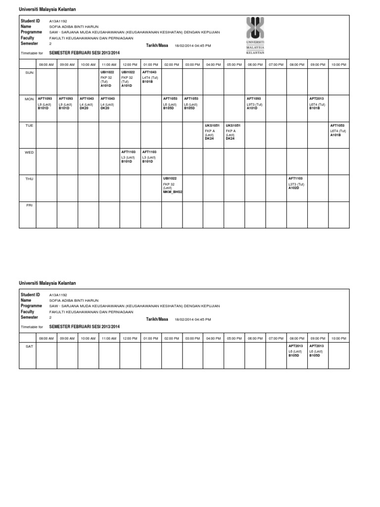 UMK Semester 2 Timetable 2013/2014 | PDF