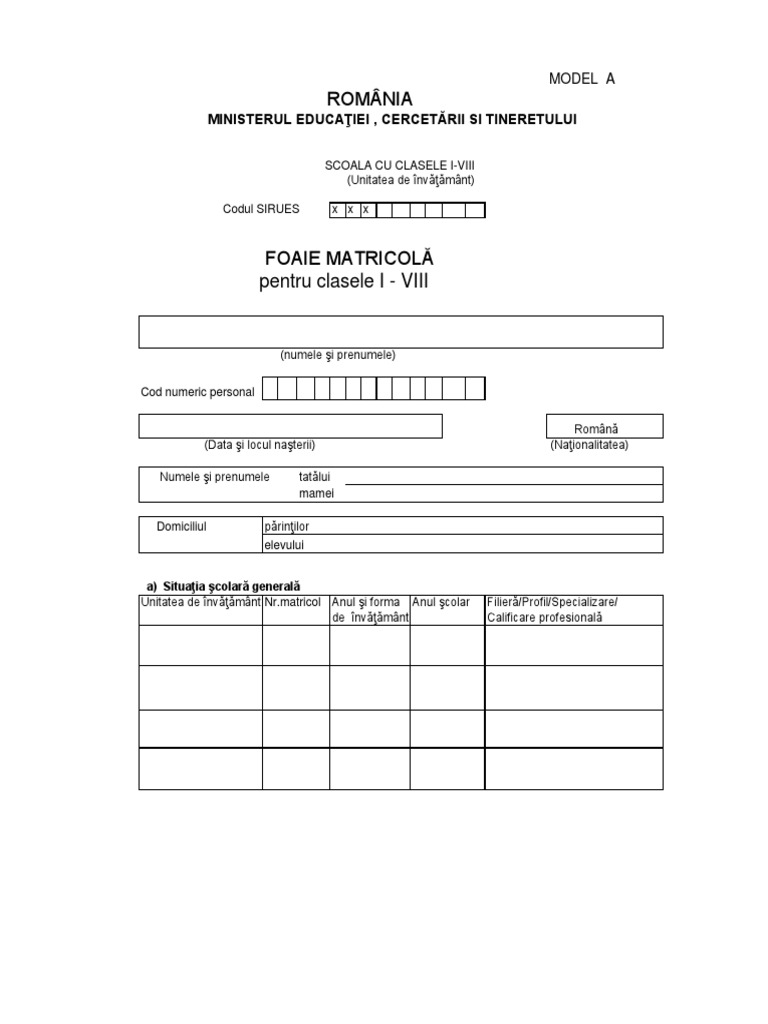 Model Foaie Matricola | PDF