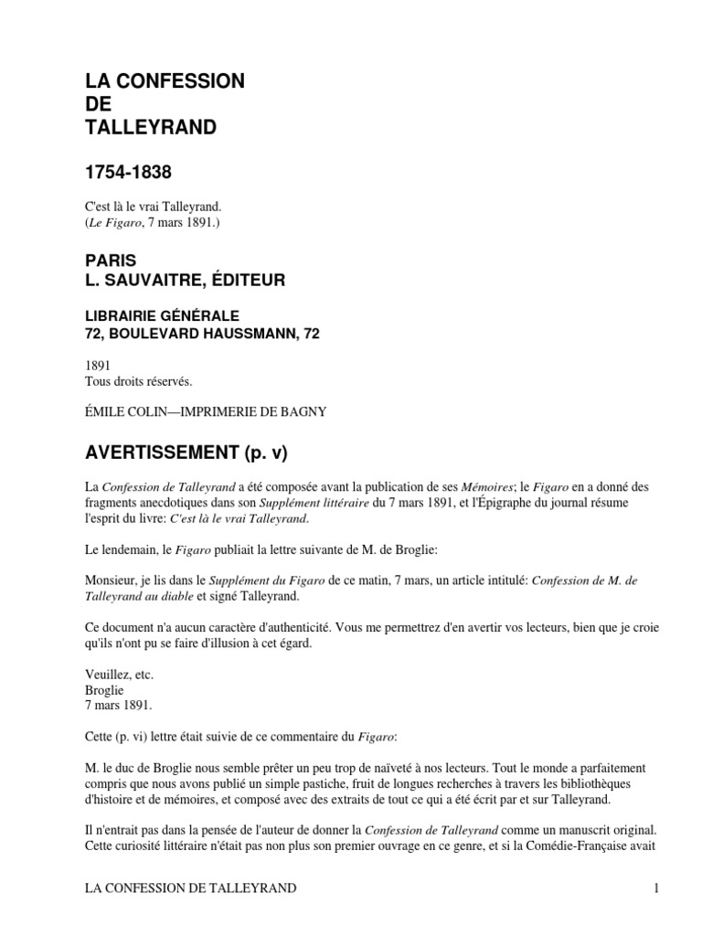 La Confession De Talleyrand V 1 5memoires Du Prince De Talleyrand By Talleyrand Perigord Charles Maurice De Memoires Verite