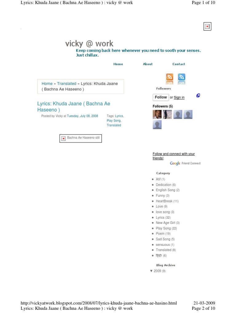 Vickyatwork Blogspot Com 2008 07 Lyrics Khuda Jaane Bach scribd
