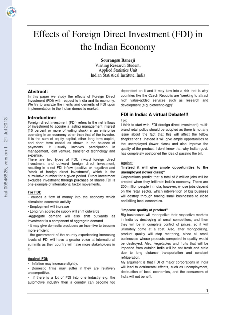 Effects of Foreign Direct Investment FDI in The Indian Economy | PDF ...