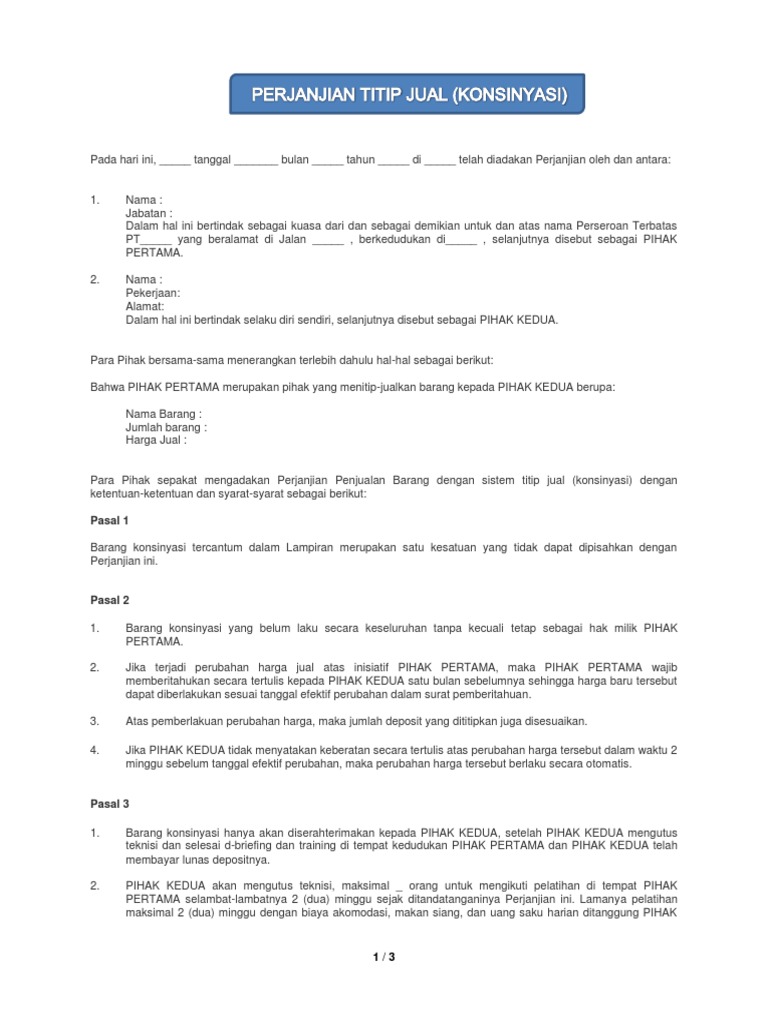 Surat Perjanjian Titip Jual Konsinyasi