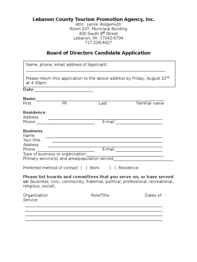 Lebanon County Tourism Promotion Agency Board Application | PDF | Law